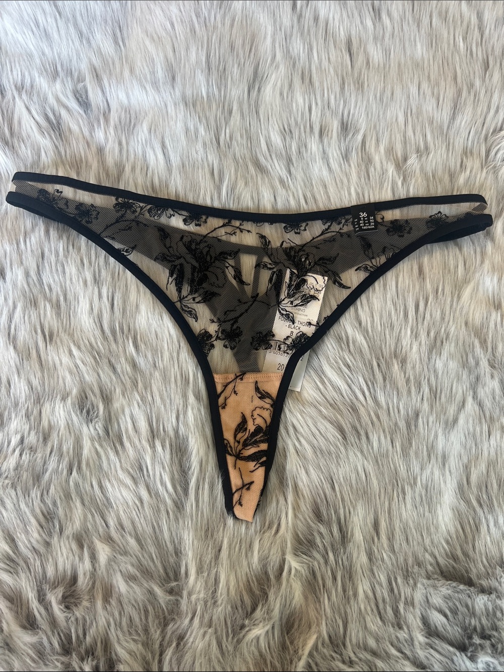 Victoria's Secret Black Floral Sheer Thong with Nude Lining